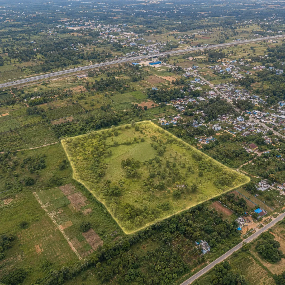 Aerial view over the farmland between Thirumalashettyhalli and Samethanahalli on Soukya Road, Hoskote taluk, with NH-648 crossing the top of the frame