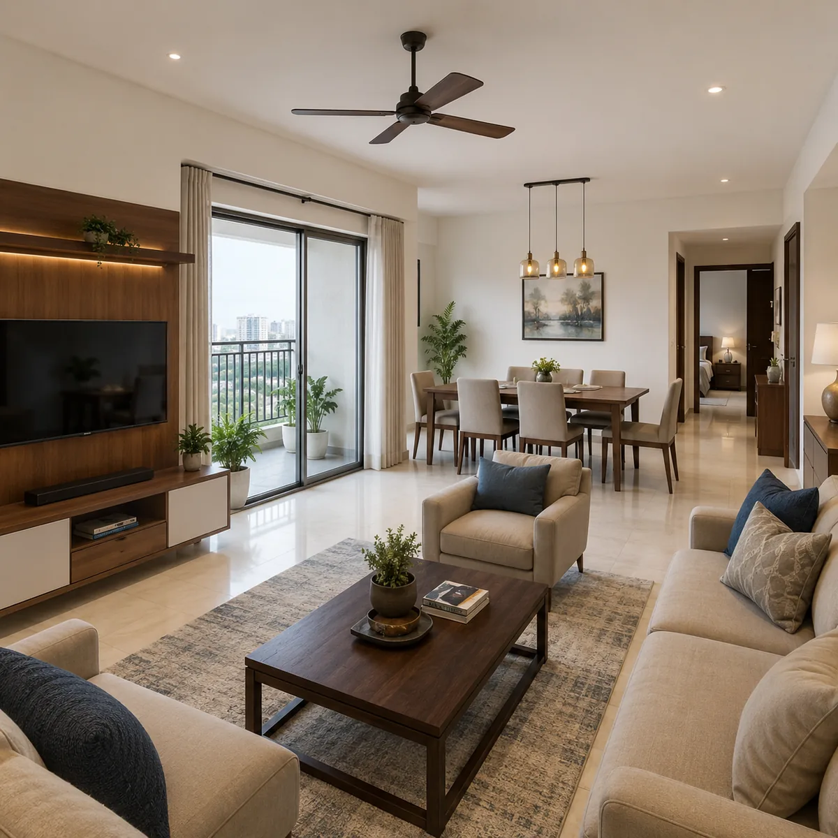 Indicative 3 BHK living room interior at about 1,650 sqft for Goyal Soukya Road apartments, Thirumalashettyhalli