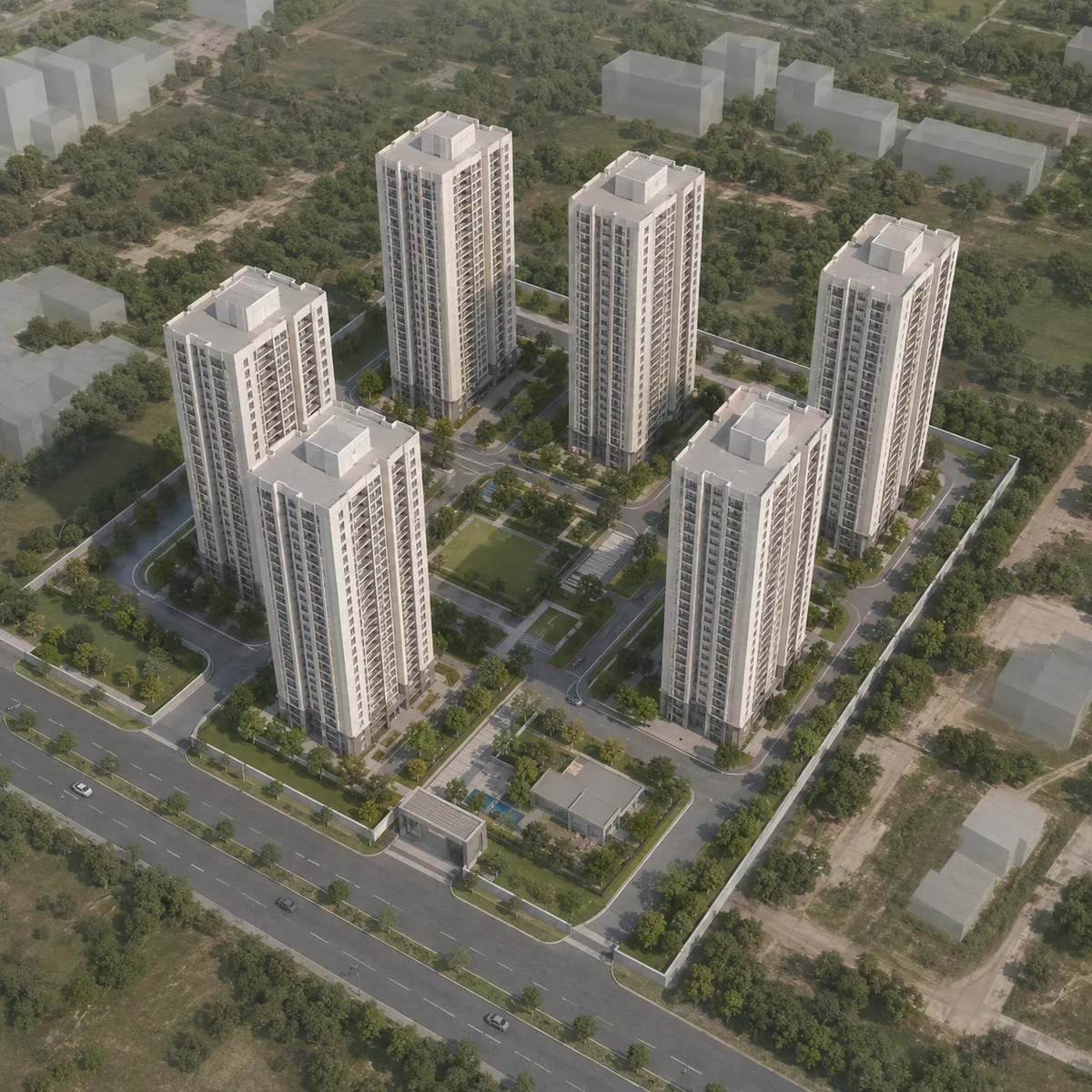 Indicative tower massing for Goyal Soukya Road showing six residential towers of roughly two basements plus ground plus 24 floors on a 12-acre parcel
