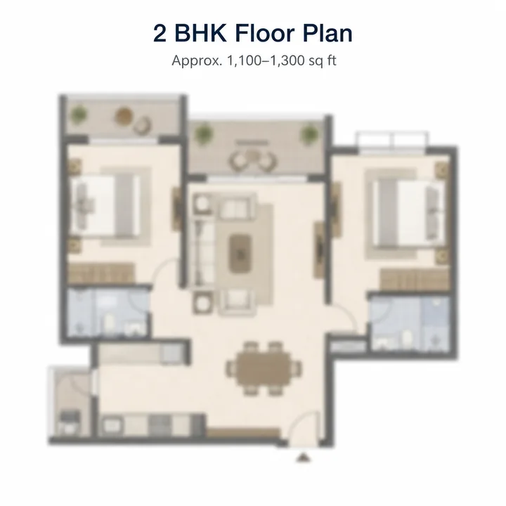 Goyal Soukya Road 2 BHK apartment floor plan, indicative 1,100 to 1,300 sq ft