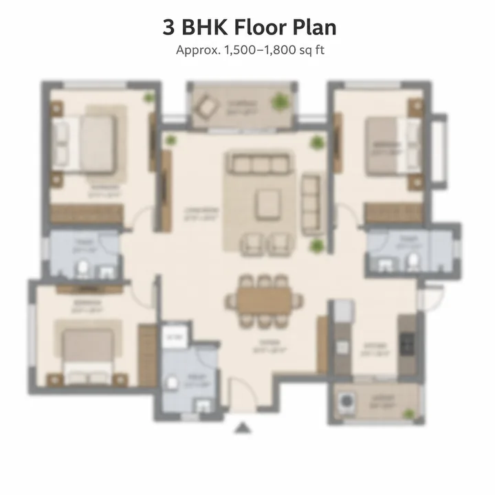 Goyal Soukya Road 3 BHK apartment floor plan, indicative 1,500 to 1,800 sq ft