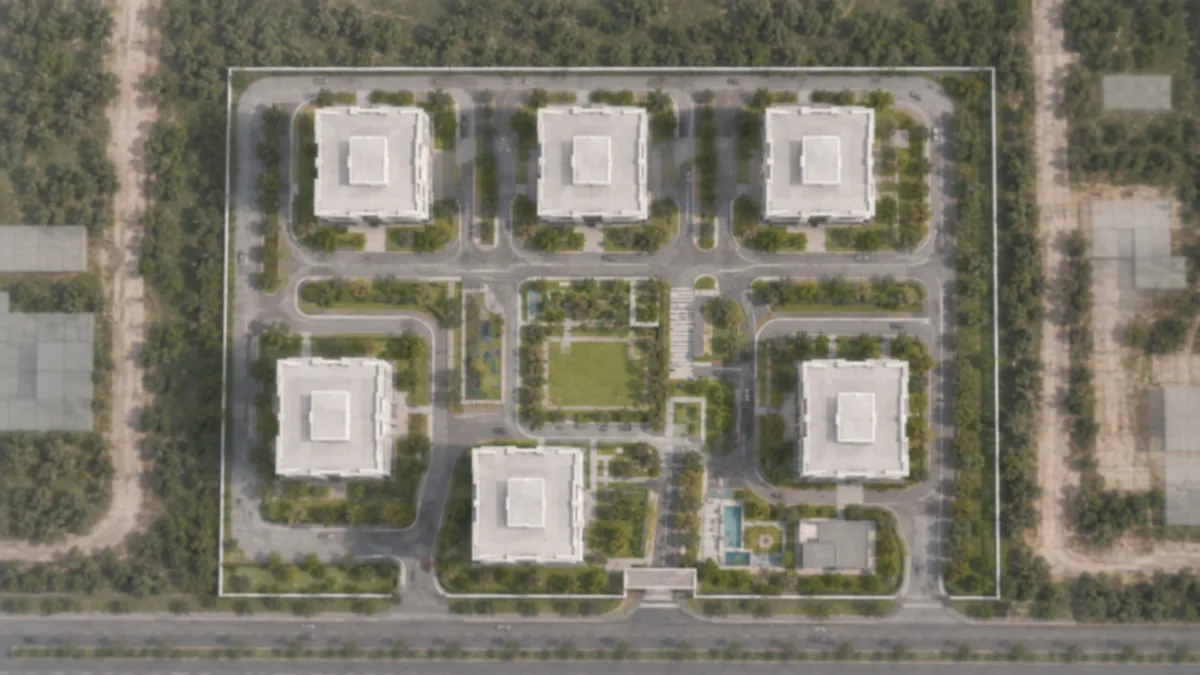Goyal Soukya Road indicative master plan across the 12-acre parcel, showing six tower footprints around a central green at the density this corridor actually builds